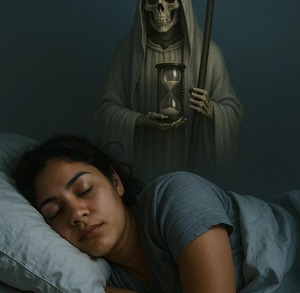 Una persona dormida y preocupada porque está soñando con la Santa Muerte y piensa que es algo malo