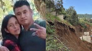 un hombre abraza a una mujer y un deslave