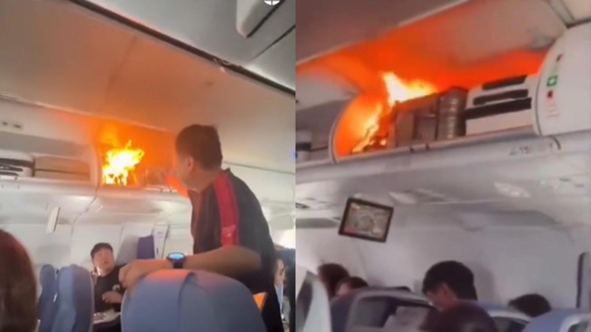 Avión con llamas saliendo del portaequipaje en un vuelo China-Corea del Sur. Avión con llamas saliendo del portaequipaje en un vuelo China-Corea del Sur.