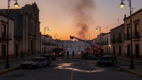 Calle adoquinada al amanecer con humo y vehículos calcinados. Dos camiones de bomberos y personal trabajan para apagar un fuego. Edificios antiguos y faroles.