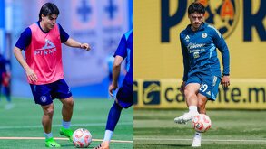Luka Romero entrenando con Cruz Azul y Ramón Juárez durante la práctica en cancha con América.