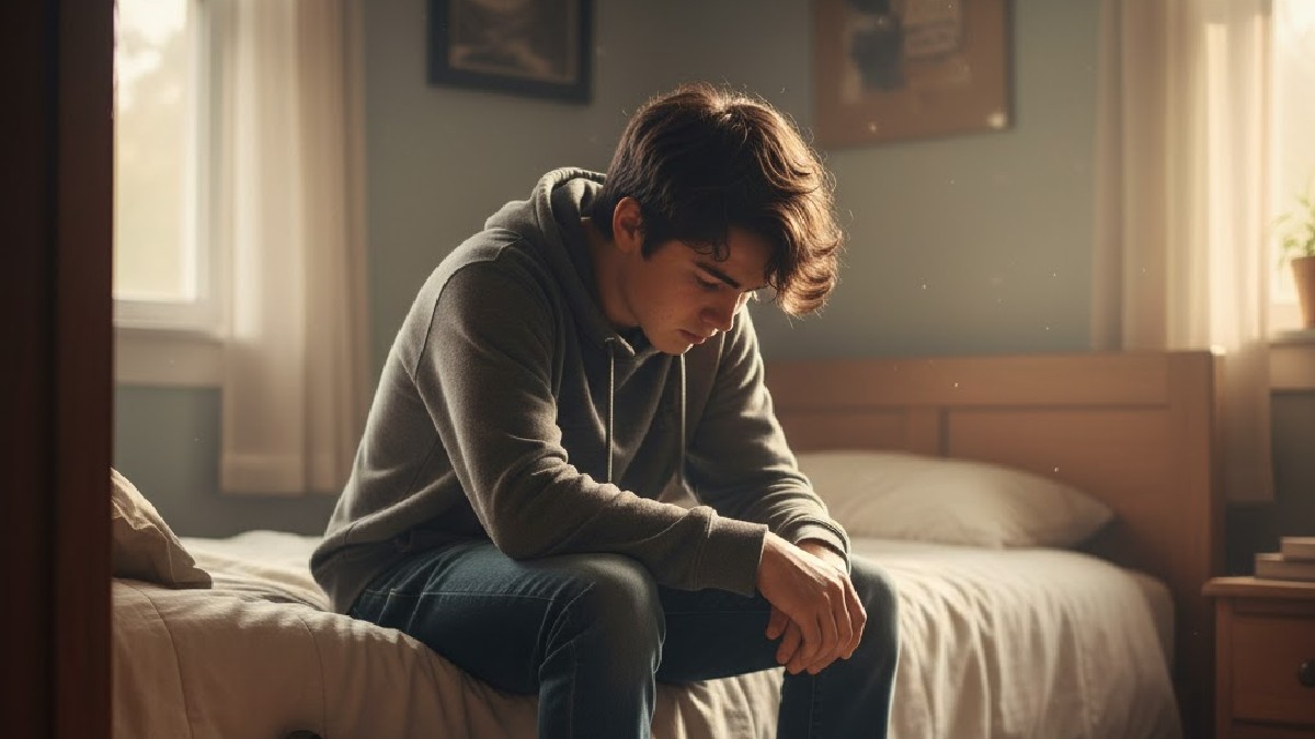 Joven varón de tez blanca, con sudadera y jeans, sentado en una cama con la cabeza baja, en un cuarto con iluminación tenue. La imagen sugiere tristeza o depres Joven varón de tez blanca, con sudadera y jeans, sentado en una cama con la cabeza baja, en un cuarto con iluminación tenue. La imagen sugiere tristeza o depres