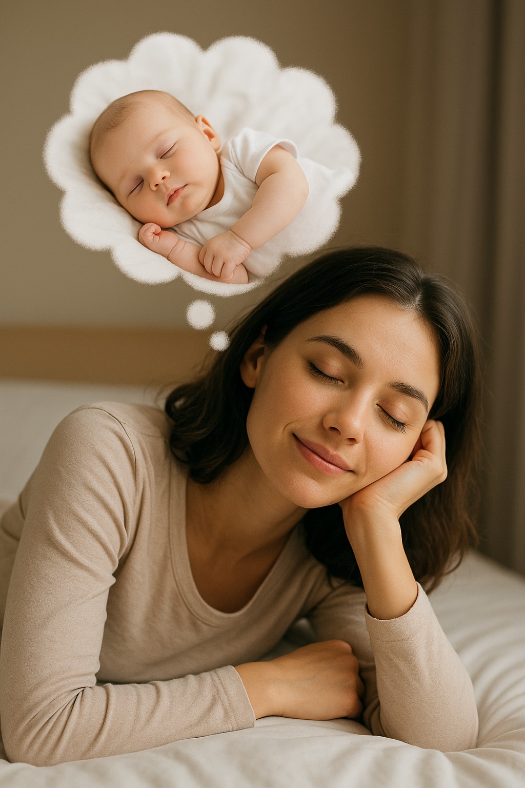 Una mujer durmiendo y soñando un bebé, pero está feliz porque el recién nacido está muy tranquilo en el sueño
