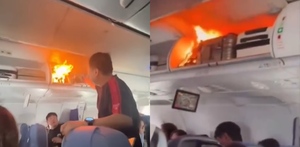 Avión con llamas saliendo del portaequipaje en un vuelo China-Corea del Sur.