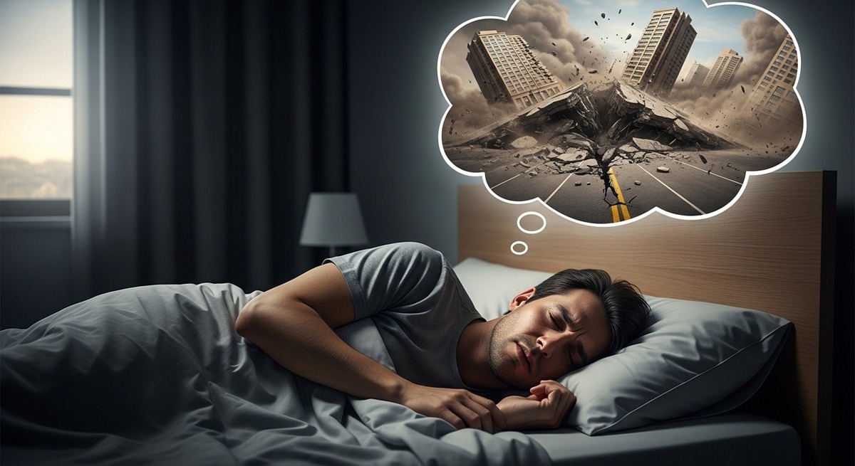 hombre en su cama soñando con un terremoto hombre en su cama soñando con un terremoto