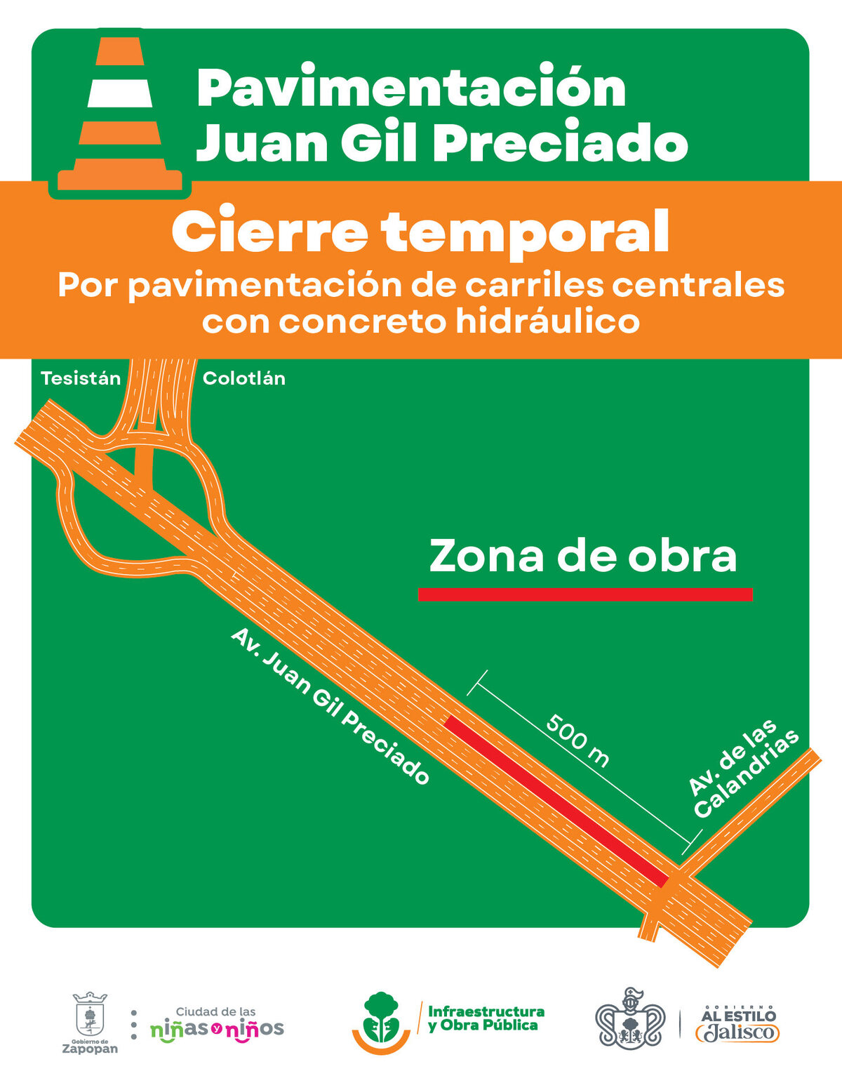 Mapa Cierre carretera Juan Gil Preciado en Zapopan por obras