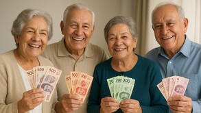 Adultos mayores sonriendo mientras sostienen billetes, simbolizando su pago de pensión del ISSSTE.