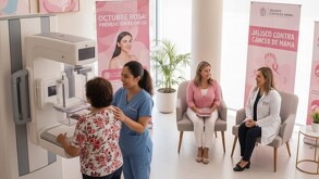 Escena en un centro de salud durante el Octubre Rosa. Una técnica realiza una mamografía, mientras una doctora conversa con una paciente en un área de espera.