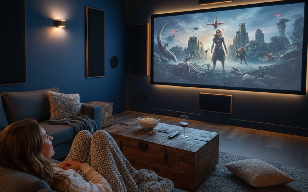 Mujer viendo una película en la sala de su casa Mujer viendo una película en la sala de su casa