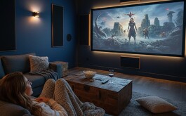 Mujer viendo una película en la sala de su casa