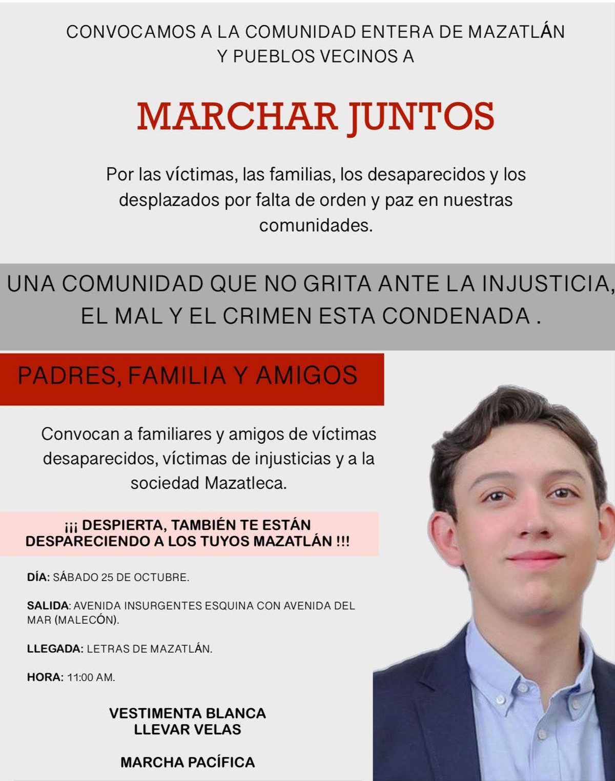 Este próximo sábado de realizará una marcha para exigir la localización de Carlos Emilio, joven desaparecido en un bar de Mazatlán. Este próximo sábado de realizará una marcha para exigir la localización de Carlos Emilio, joven desaparecido en un bar de Mazatlán.