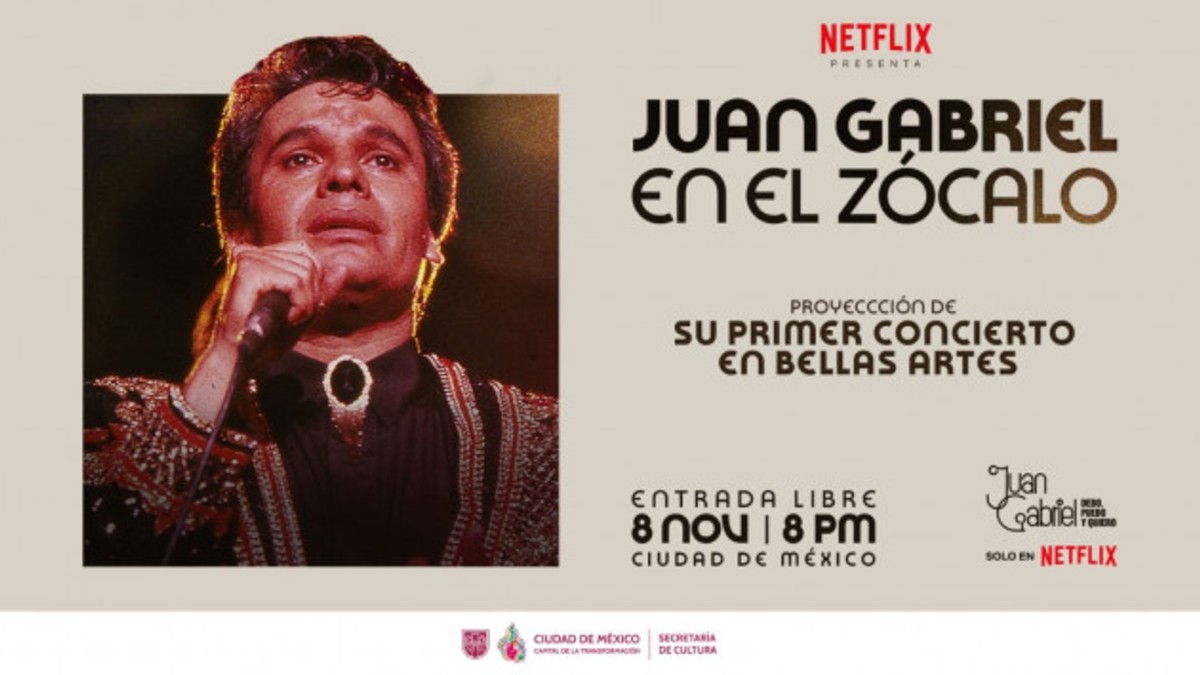 Cartel de la Secretaría de Cultura sobre la proyección gratuita en el Zócalo del primer concierto de Juan Gabriel en Bellas Artes. Cartel de la Secretaría de Cultura sobre la proyección gratuita en el Zócalo del primer concierto de Juan Gabriel en Bellas Artes.