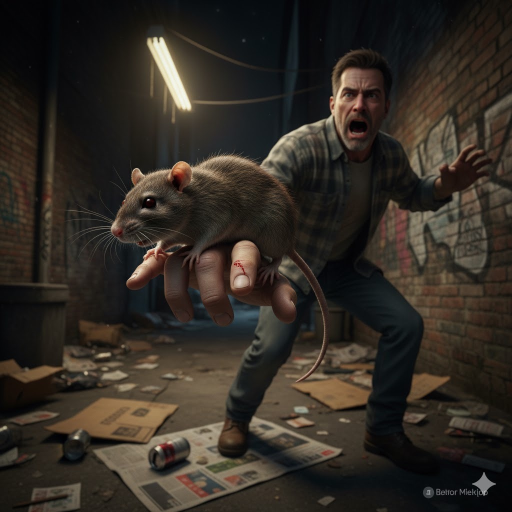 Un hombre siendo mordido por una rata en su mano, pero se ve exagerado y con sangre porque es un sueño. Un hombre siendo mordido por una rata en su mano, pero se ve exagerado y con sangre porque es un sueño.