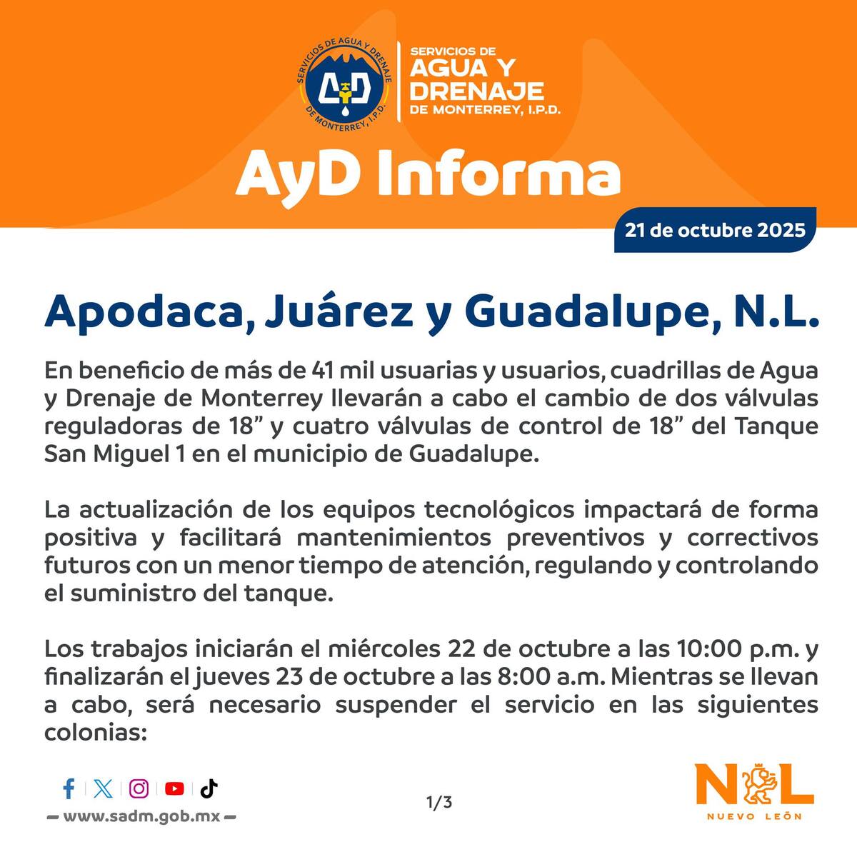 Comunicado de Agua y Drenaje de Monterrey sobre cortes de agua Comunicado de Agua y Drenaje de Monterrey sobre cortes de agua