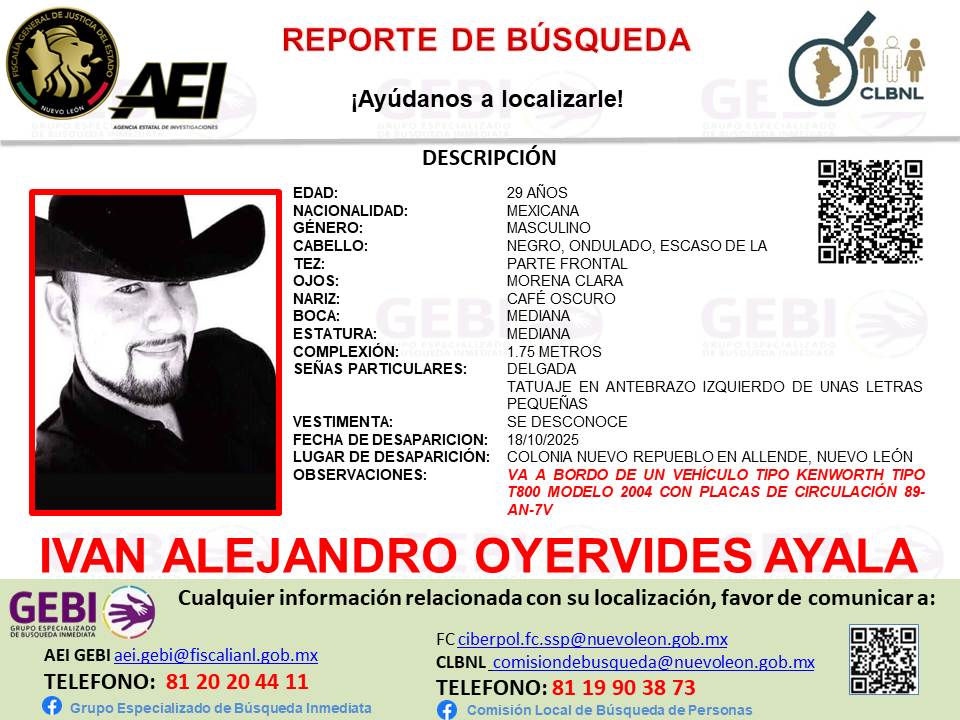 Ficha de búsqueda de Iván Alejandro Oyervides Ayala, desaparecido en Reynosa Ficha de búsqueda de Iván Alejandro Oyervides Ayala, desaparecido en Reynosa