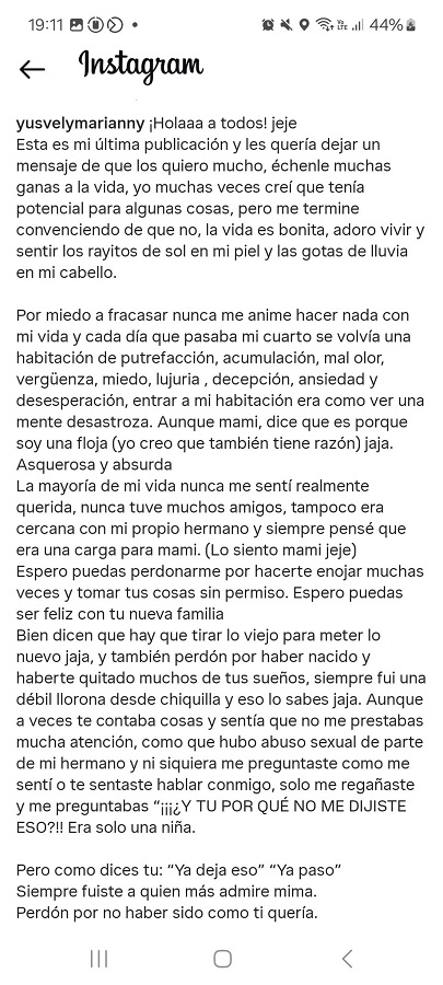 Mensaje de una publicación hecha en el Instagram de Yusvely, joven venezolana muerta en Puebla. Mensaje de una publicación hecha en el Instagram de Yusvely, joven venezolana muerta en Puebla.