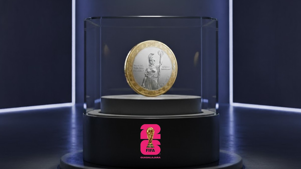Render realista de una moneda conmemorativa del Mundial 2026 con la imagen de La Minerva de Guadalajara en el reverso. La moneda con detalles de relieve Render realista de una moneda conmemorativa del Mundial 2026 con la imagen de La Minerva de Guadalajara en el reverso. La moneda con detalles de relieve