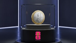 Render realista de una moneda conmemorativa del Mundial 2026 con la imagen de La Minerva de Guadalajara en el reverso. La moneda con detalles de relieve