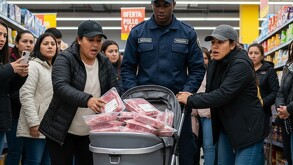 La imagen fue creada con Inteligencia Artificial y muestra a dos mujeres en un supermercado siendo detenidas por un policía por robar caren en carriola de bebé.