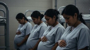 Cuatro mujeres embarazadas migrantes con uniformes grises idénticos, sentadas en una hilera tocando sus vientres. El fondo sombrío sugiere una detención