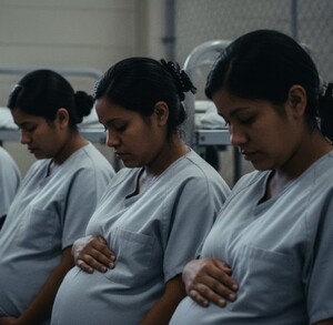Cuatro mujeres embarazadas migrantes con uniformes grises idénticos, sentadas en una hilera tocando sus vientres. El fondo sombrío sugiere una detención
