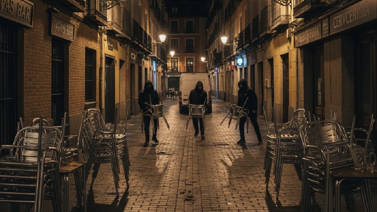 Tres hombres encapuchados corren por una calle empedrada de noche, cada uno cargando varias sillas metálicas, mientras dos patrullas de policía Tres hombres encapuchados corren por una calle empedrada de noche, cada uno cargando varias sillas metálicas, mientras dos patrullas de policía