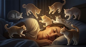 mujer soñando con gatos de distintos colores