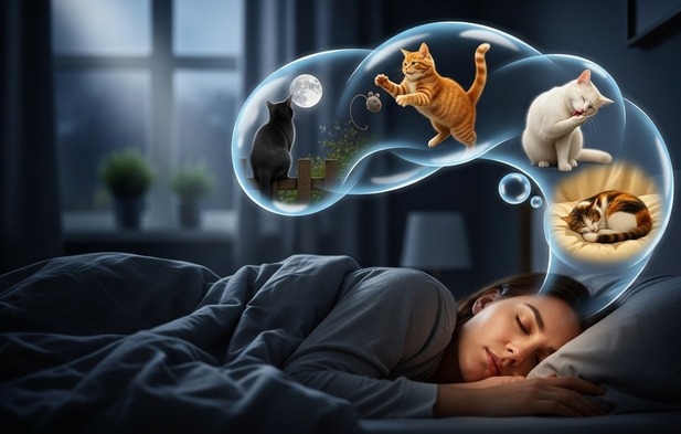 joven dormida soñando con gatos joven dormida soñando con gatos