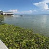 Vista del Lago de Chapala con una gran cantidad de maleza flotante en primer plano. Un malecón de concreto en la izquierda y un edificio con un muelle. Vista del Lago de Chapala con una gran cantidad de maleza flotante en primer plano. Un malecón de concreto en la izquierda y un edificio con un muelle.