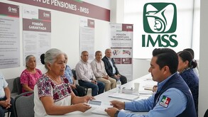 Adultos mayores en México realizando el trámite para recibir la pensión por viudez de parte del IMSS. Generada con Gemini IA