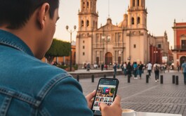 Hombre sentado en las afueras de la catedral de Guadalajara revisando app de citas