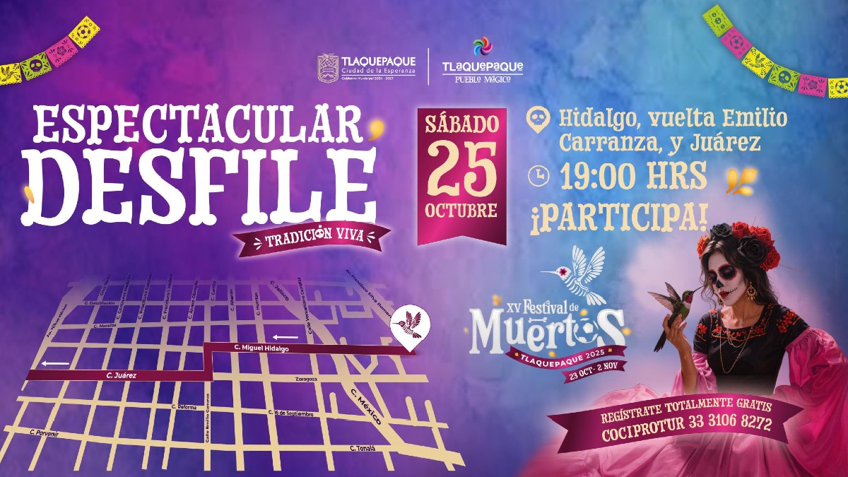 Flyer oficial con toda la información sobre el desfile de Día de Muertos en Tlaquepaque 2025 Flyer oficial con toda la información sobre el desfile de Día de Muertos en Tlaquepaque 2025