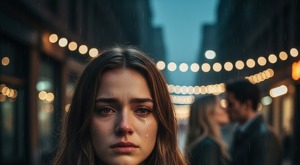 Una mujer llorando porque vio en sueños que su novio le estaba siendo infiel con otra mujer; tuvo un impacto muy fuerte a pesar de ser un sueño.