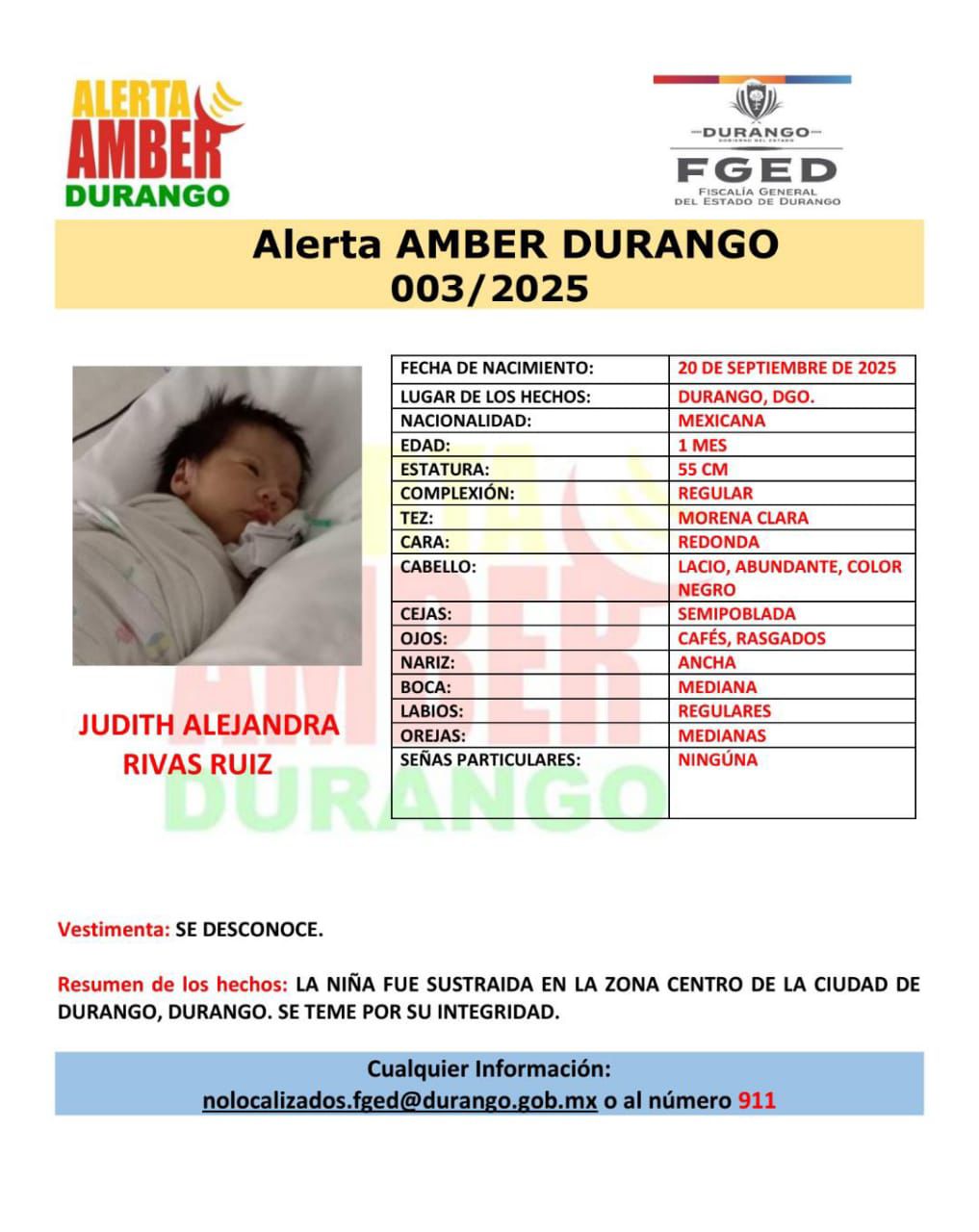 Judith Alejandra es una bebé de apenas un mes de nacida desaparecida en Durango.