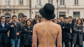 Persona de espaldas desnuda siendo observada por la gente en las calles