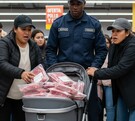 La imagen fue creada con Inteligencia Artificial y muestra a dos mujeres en un supermercado siendo detenidas por un policía por robar caren en carriola de bebé.