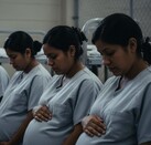 Cuatro mujeres embarazadas migrantes con uniformes grises idénticos, sentadas en una hilera tocando sus vientres. El fondo sombrío sugiere una detención