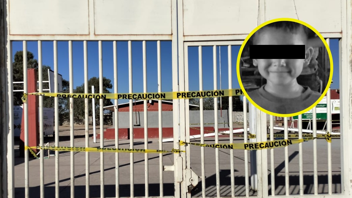 En la imagen se puede ver la escuela Cuauhtémoc con un barandal blanco con cinta amarilla tras el fallecimiento del pequeño Anuel en ejido San Miguel.