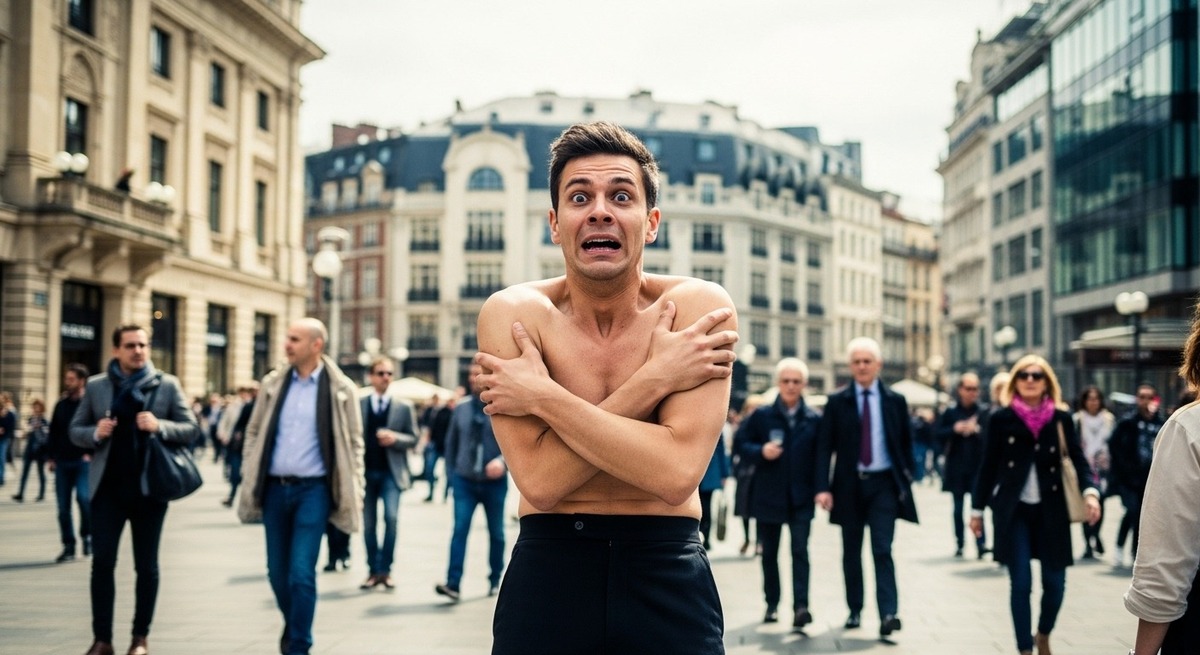 hombre desnudo en medio de la calle con cara de sorpresa hombre desnudo en medio de la calle con cara de sorpresa