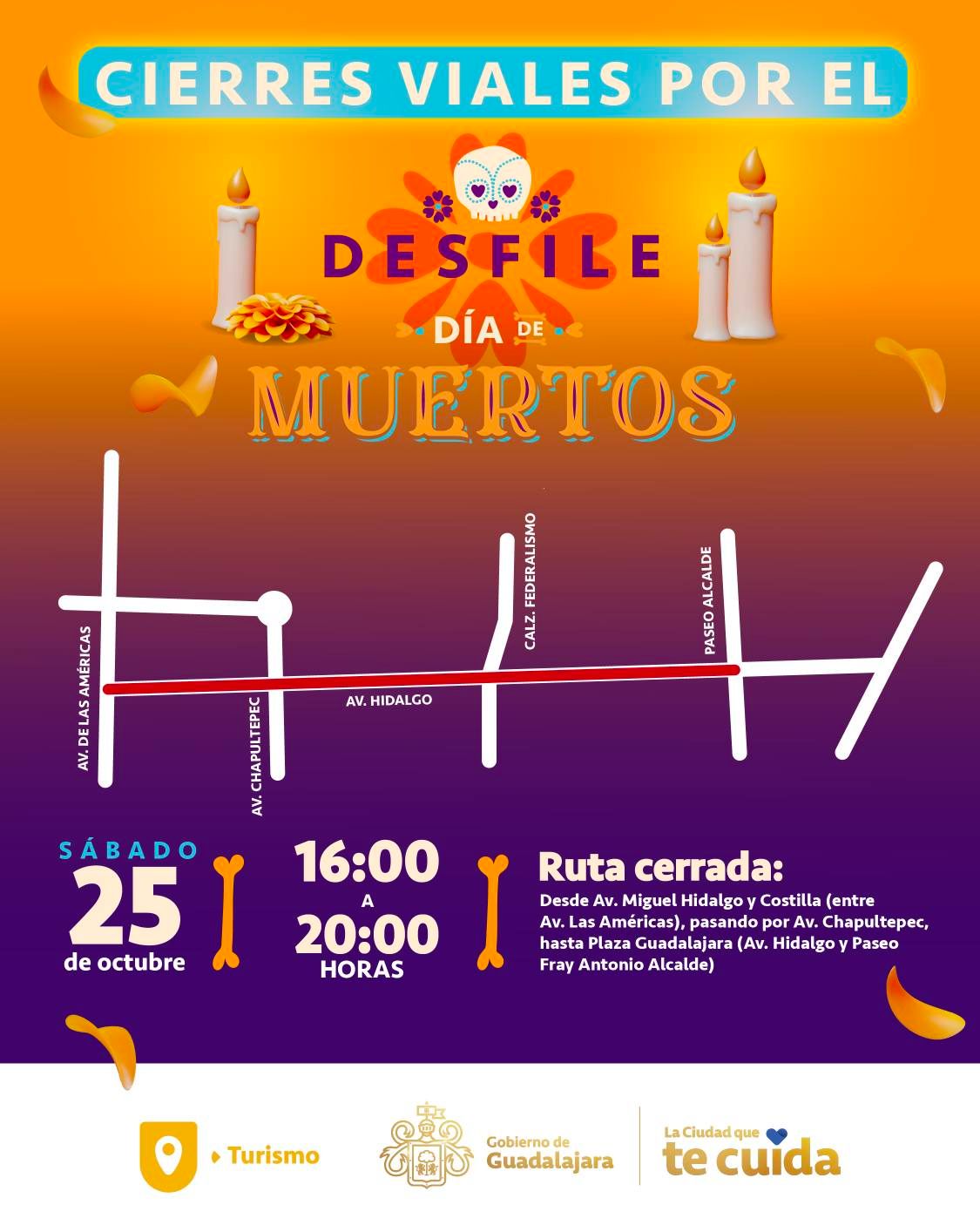 Imagen del Gobierno de Guadalajara sobre los cierres viales que habrá en la ciudad por el desfile de Día de Muertos del 25 de octubre Imagen del Gobierno de Guadalajara sobre los cierres viales que habrá en la ciudad por el desfile de Día de Muertos del 25 de octubre