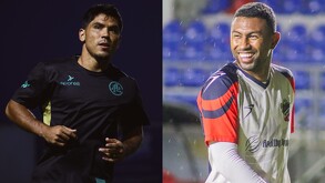 Martín Barragán, delantero del Club Atlético La Paz y Elbis Sousa, defensa de Irapuato durante un entrenamiento con sus equipos.