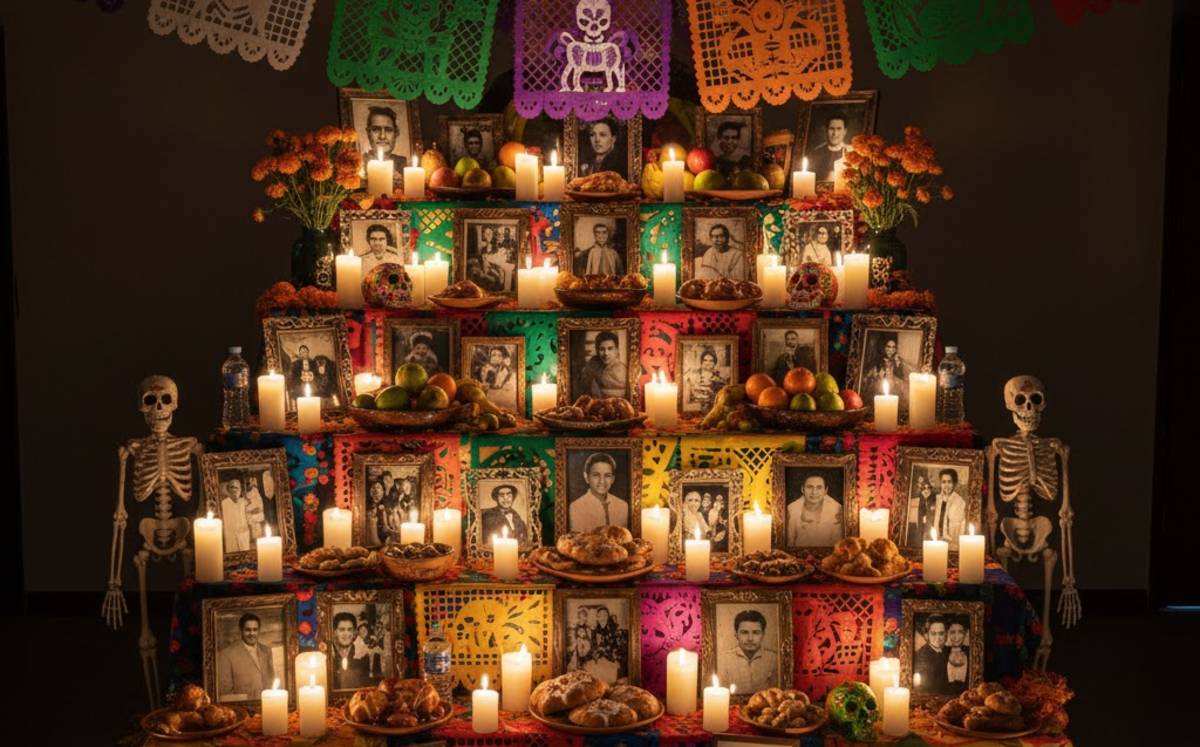 Típico altar de muertos mexicano que muestra ofrendas, fotografías y demás decoraciones Típico altar de muertos mexicano que muestra ofrendas, fotografías y demás decoraciones