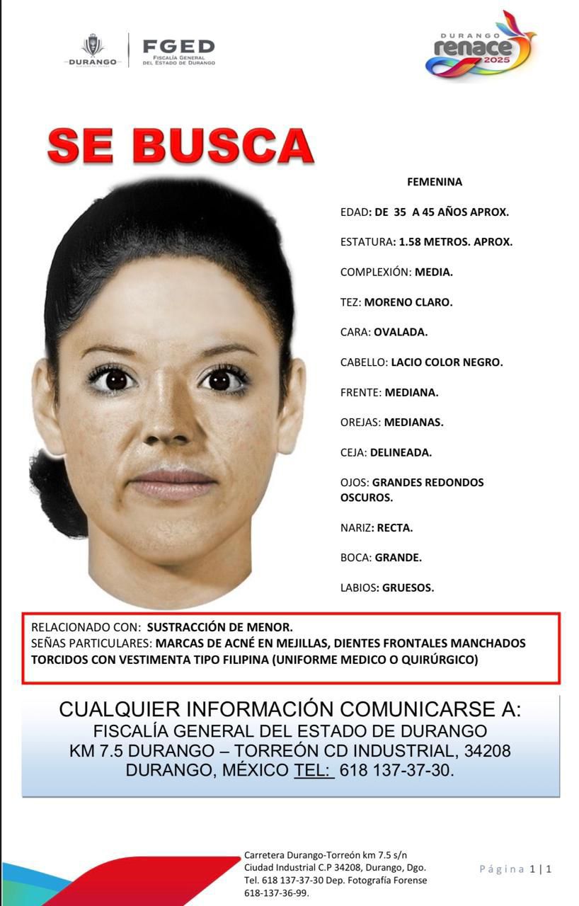 Ficha de retrato hablado de mujer que presuntamente sustrajo a la bebé Judith de un hospital en Durango. Ficha de retrato hablado de mujer que presuntamente sustrajo a la bebé Judith de un hospital en Durango.
