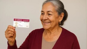 Mujer mayor sosteniendo una tarjeta de Inapam con el logotipo del Banco del Bienestar y Gobierno de México