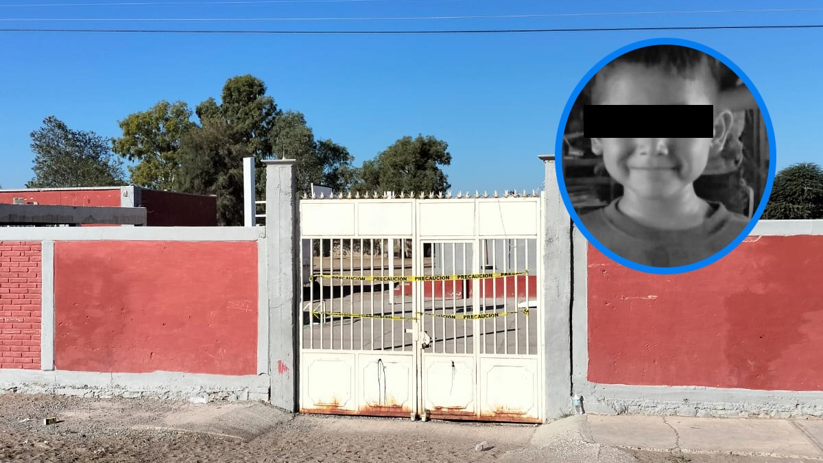 En la imagen se puede ver la entrada de una escuela con la cintilla amarilla de prohibido el paso y la cara de un pequeño niño En la imagen se puede ver la entrada de una escuela con la cintilla amarilla de prohibido el paso y la cara de un pequeño niño