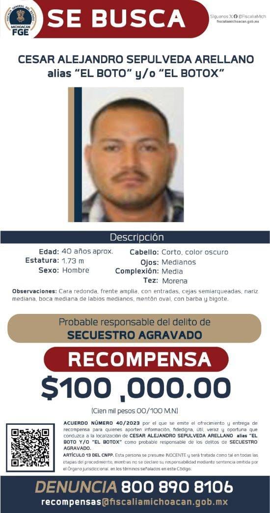 Ficha de búsqueda de El Bótox emitida por la Fiscalía de Michoacán Ficha de búsqueda de El Bótox emitida por la Fiscalía de Michoacán