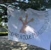 Un pendón o manta de tela blanca está colgado al aire libre, posiblemente de un árbol, en un área abierta y soleada. La manta muestra un dibujo central Un pendón o manta de tela blanca está colgado al aire libre, posiblemente de un árbol, en un área abierta y soleada. La manta muestra un dibujo central