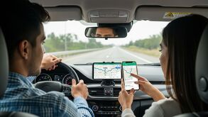 Personas siguiendo un gps para viajar de la ciudad de Puebla a CdMx.