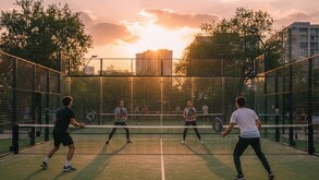 Pista de pádel en Guadalajara al atardecer. Cuatro jóvenes, hombres y mujeres, juegan con palas de colores, rodeados de muros de vidrio. El sol proyecta una luz