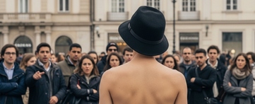 Persona de espaldas desnuda siendo observada por la gente en las calles